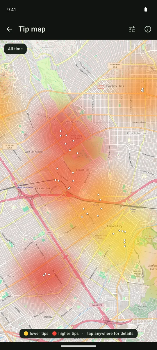 Tipper DoorDash tip heatmap, colored by the average tip at each delivery address