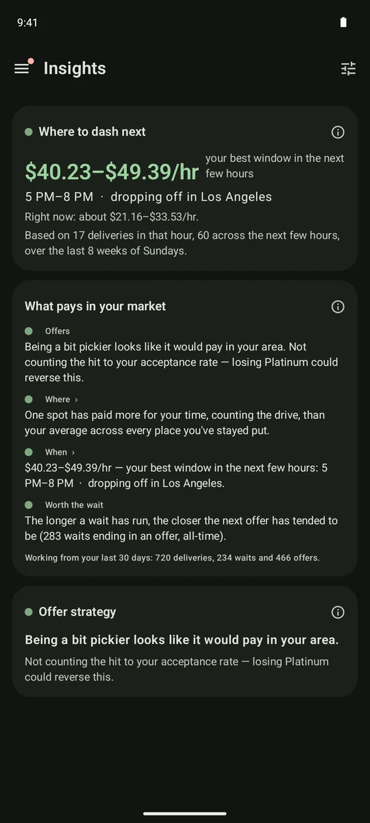 Insights with Where to dash next first, showing a sample hourly earnings forecast