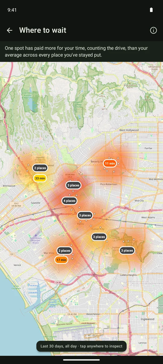 Where to wait map comparing places using earnings and driving time